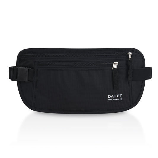 DAITET Money Belt - Passport Holder Secure Hidden Travel Wallet with RFID Blocking, Undercover Fanny Pack (Black)